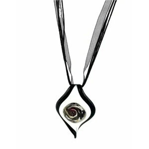 Black White Glass Pendant Cord Necklace 14" Unique Design Lace Cord